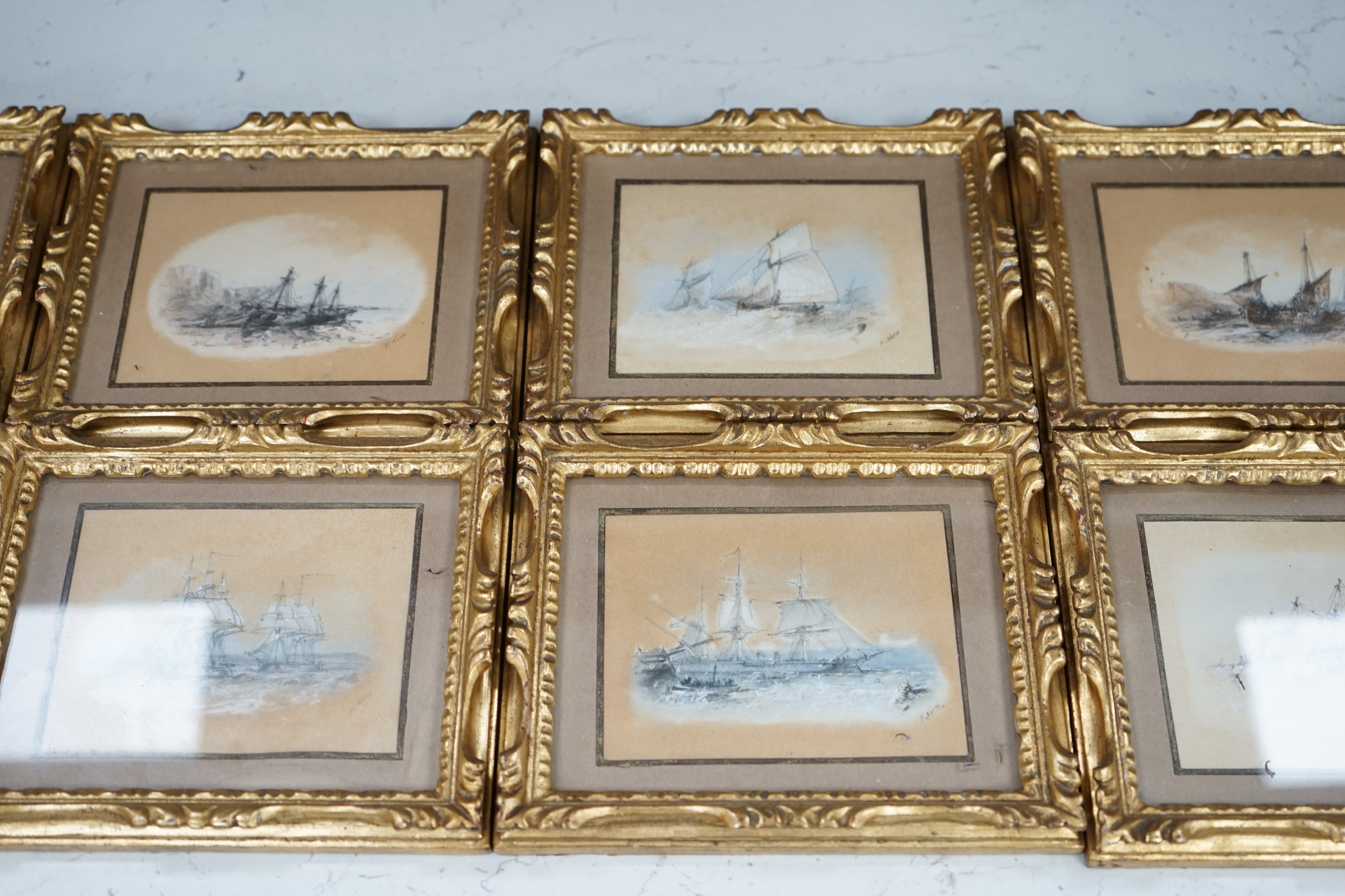Frank V. Norie (19th century), set of eight heightened pastel and mixed media sketches, Maritime scenes, each signed, 9 x 11.5cm, ornate gilt framed. Condition - fair
